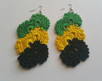 Jamaican Earrings, Caribbean Rasta Jewelry, Crochet Earrings, Afro Chic, Afrocentric Jewelry, Ethnic Earrings, Big Earrings