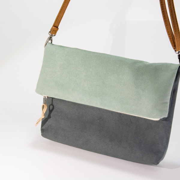 Gray and opal foldover crossbody bag,fold over purse , small purse with leather strap, faux suede bag,small crossbody bag,christmas gift,