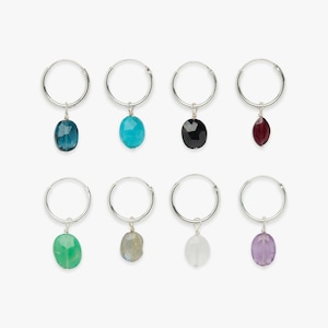 Minimalistic hoop earring with Cut Oval gemstone charm | Colourful faceted gem pendant | Price per piece or per pair | Sterling silver