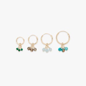 Minimalistic golden hoop earring with Cut Pebble bunch charm | Colourful gemstone charms | Price per piece or pair | Gold filled & vermeil