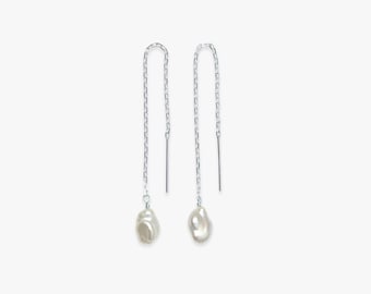 Sterling Silver Baroque Pearl Threader Earrings, Long Chain Earrings, Freshwater Pearl Drop, Minimalist Bridal Jewelry, Unique Gift for Her