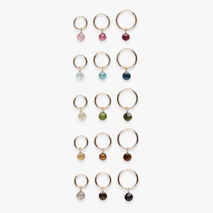 Minimalistic golden hoop earring with round tourmaline charm | Genuine colourful gemstones | Price per piece or pair | Gold filled & vermeil