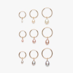 Minimalistic golden hoop earring with freshwater pearl | White, pink, grey pearl charm | Price per piece or per pair | Gold filled