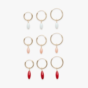 Minimalistic golden hoop earring with oval coral charm | White, pink, red | Price per piece or per pair | Gold filled & 5 micron vermeil