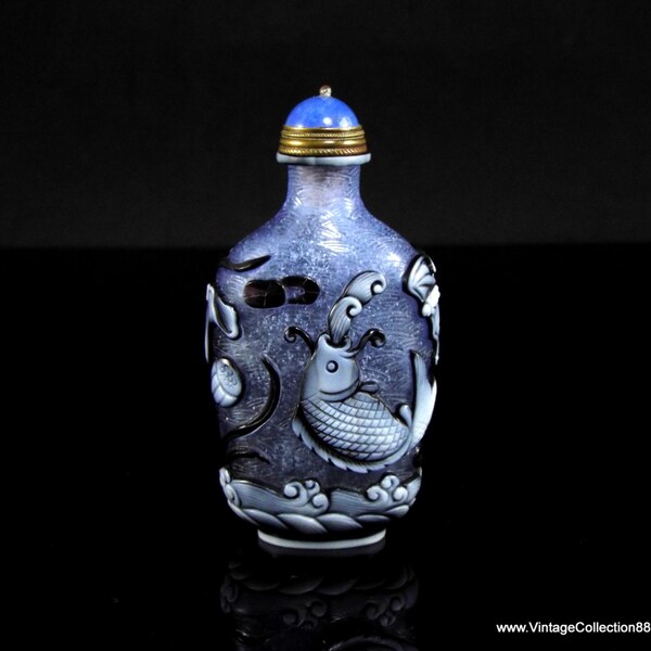 Antique Peking Glass Hand Carved bat fish and flowers Snuff Bottles 