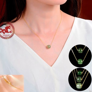 Natural green Jade and 18K gold pendants with 925 gold-plated silver chain. Minimalist Jade barrel bead with sterling silver necklace. image 4