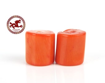 Large safron Red Coral Beads, set of 2 Red Coral Barrel Beads, Pierced Red Coral Beads, drilled red Coral bead of 30.00ct