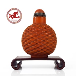 Old Chinese Snuff Bottle of Orange glass carved with basket weave pattern, Antique Snuff Bottle carved, vintage orange glass Snuff Bottle
