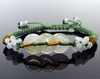 Icy Jade Disc stretch bracelet, adjustable woven buckle with natural translucent Icy Jadeite Jade discs, Jade donuts certified jade bracelet