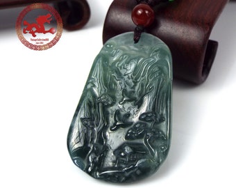Landscape Jade carved pendant, mountains and birds Icy Jadeite Jade pendant, green Jadeite Jade with certificate. Jade necklace for woman