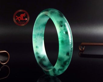 Icy Jade bangle 61.5mm -2.38", translucent icy Jade bracelet with green flowers, clear Jade bangle for woman and girl