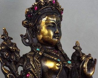 Old bronze statue of Bodhisattva White Tara, Buddha in gilt bronze jeweled turquoise and rubies Bodhisattva White Tara 22.5cm - 8.8"