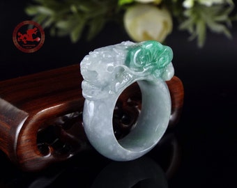 Pixiu Jadeite Jade Ring US 9.75 - 19.6mm, Natural Jadeite Green, light Lavender, Pixiu High Quality carving, wide Jade ring with certificate