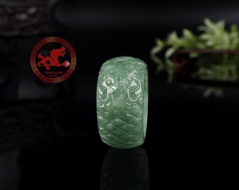 Dragon Jadeite Jade Ring US 8.75 - 18.9mm, Natural Jadeite Green Dragon carved, High Quality carving, wide Jade ring with certificate