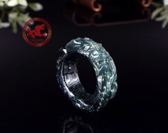 Dragon Jadeite Jade Ring US 10.25 - 20.1mm, Natural Jadeite dark Green Dragon carved, High Quality carving, Jade ring with certificate