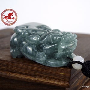 Pixiu Jade carved pendant, Chinese PiXiu Translucent Green Jadeite Jade Pendant, Certified Natural Jade. Chinese Jade Feng Shui amulet