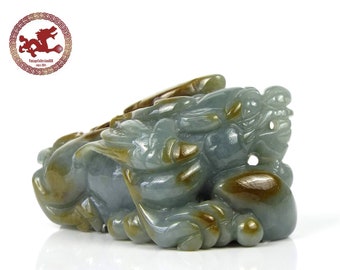 Pixiu Jade Statue Natural Green Brown Jadeite Jade, Chinese amulet of Pixiu with Yuan Bao & chinese coin high quality of carving and shine