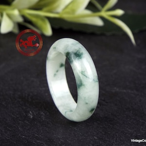 Natural White and Green Jade Ring size US 9.25 - 19.2mm, untreated Jadeite Jade Ring, White ring with Dark Green Spots with Certificate