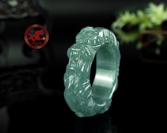 Dragon Jadeite Jade Ring US 10.5 - 20.3mm, Natural Jadeite bluish light Green Dragon carved, High Quality carving Jade ring with certificate