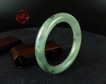 Authentic Translucent Icy Jadeite Jade Bracelet with Green Spinach Spots 54.5mm - 2.14", Gift for Women