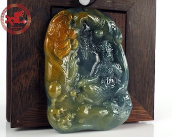 Kwan Yin or Guanyin Jade Pendant of translucent green and yellow Jadeite Jade, Kwan Yin Amulet of natural Jade Grade A certified