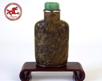 Antique SNUFF BOTTLE CHINA 19th Century with Jade stopper, Old Snuff Bottle carved in brown stone with ganodermas, Snuff Bottle Qing Dynasty