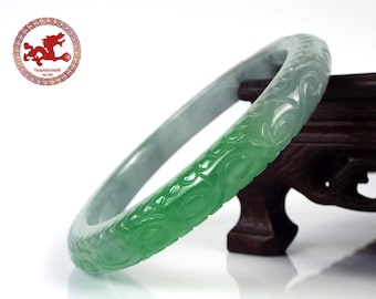 Carved Jadeite Jade Bangle 62.8mm - 2.47", Green and bluish Jadeite Jade Bangle carved with clouds, Jade carved bangle for woman