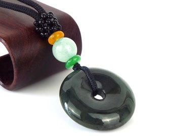 Jade Bi Disc pendant, Green donut 25mm - 1", Dark Jadeite Jade Pi Disc , Natural with cord