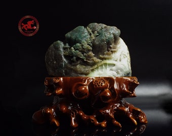 Chinese Artistry Showcased in a Unique Jade Statue 7.5inch - 19cm, Shanzi carved in Dushan Jade, Chinese traditional jade carving landscape