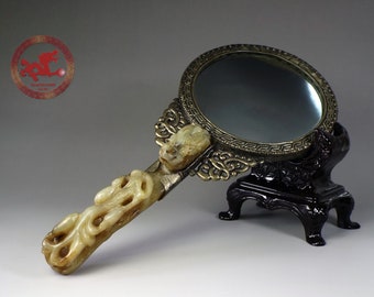 Antique Chinese hand mirror with Nephrite Jade Belt Buckle with Dragon Head & Chilong carved from Qing Dynasty probably Qianlong (1736-95)