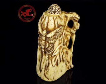 Antique Chinese Snuff Bottle, Bone Snuff bottle Hand Carved Butterfly and Vegetation with signature on Base, Carved Bone Snuff Bottle