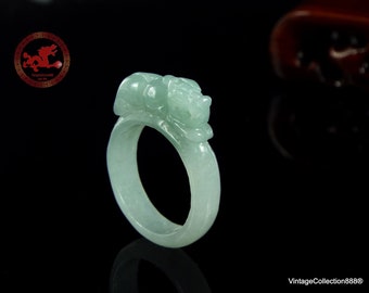 Pixiu Jade Ring US 8.75 - 18.8mm, Natural Jadeite Jade Ring light Green with Certificate and Pixiu carved. Pixiu Jade wide ring for women