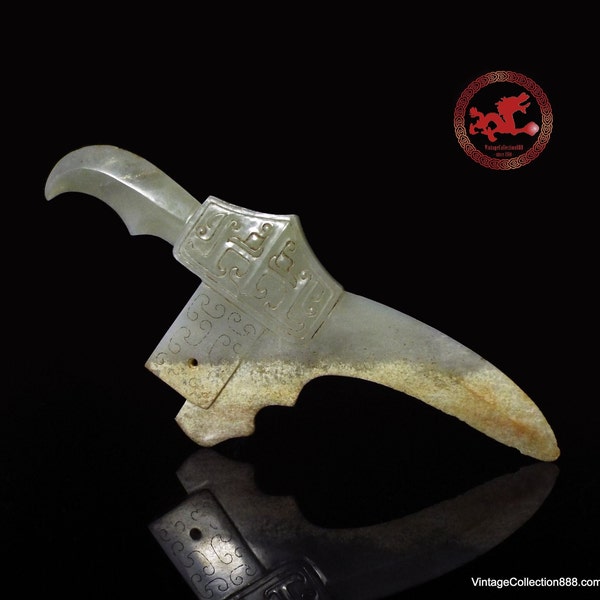 Archaic ceremonial Jade Axe Weapon, Chinese Hetian Jade GE Dagger-Axe, Dynasty Zhou (1122 bC-249 bC) Han Dynasty (206 bC-220 aD) 2K years