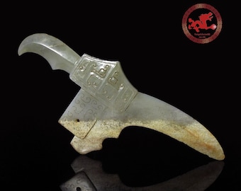 Archaic ceremonial Jade Axe Weapon, Chinese Hetian Jade GE Dagger-Axe, Dynasty Zhou (1122 bC-249 bC) Han Dynasty (206 bC-220 aD) 2K years