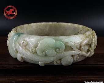 Antique Chinese Jade Bangle, Nephrite Jade bangle White & light Green 18th-19th century Qing Dynasty carved Phoenix, Chinese coins and Ruyi
