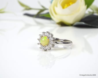 Yellow Opal Ring, Adjustable Opal Cabochon Ring with Zircons US 7.5-8 Gift for Women, ring for woman.