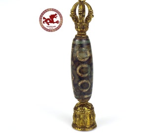 Powerful and old Agate DZI bead, Tibetan DZI "5 Eyes" wedged between Vajra and Ghanta or bell, Tibetan agate bead, tribal ethnic Dzi beads