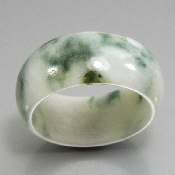 Jade Ring, Natural Jadeite ( Grade A ) translucent white with spinach green spots, Size  US 9.75  EI002