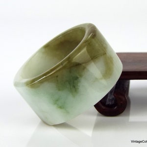 Natural White and Green Jade Ring US 12.25 - 21.6mm Straight Cut Men&#39;s Thumb Ring