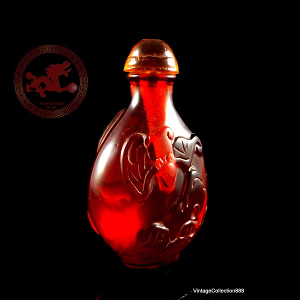 Vieja Snuff Bottle china en beewax rojo anaranjado con tallado de murciélago y flor de loto - SB105