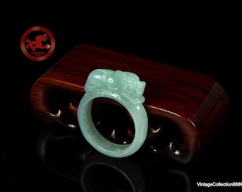 Pixiu Jade Ring US 8.75 - 18.8mm, Natural Jadeite Jade Ring light Green with Certificate and Pixiu carved. Pixiu Jade wide ring for women