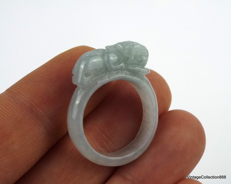 Pixiu Jade wide ring for women Natural Jadeite Jade Ring light Green with Certificate and Pixiu carved PiXiu Jade Ring US 8.75-18.8mm