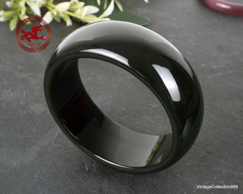 Dark Green Hetian Jade Bangle 62mm-2.44 extra wide 1, Green Black Hetian Nephrite Jade, Certified Natural Jade bangle for woman or man image 2