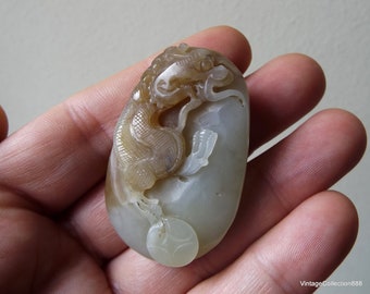 Old Chinese Hetian Jade pebble pendant, Jade carved Dragon pendant, Hetian Nephrite Jade Pebble Pendant carved with Dragon and Chinese Coin