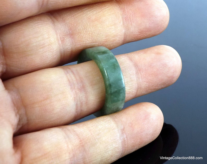 US 8 Untreated Jade Ring Green and White Natural Jadeite Jade Ring with straight cut Certified Jadeite Jade Ring Grade A Green JADE RING