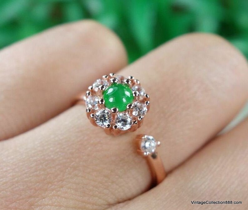 Translucent green Jadeite Jade ring certified with rhinestones adjustable jade ring US 7-8 Translucent Icy apple Green Jade Ring