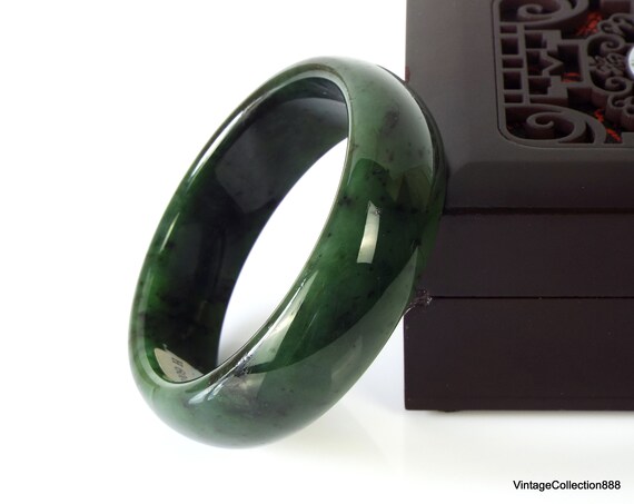 Black Nephrite Jade Certified Bangle Bracelet 12mm Beads Very RARE!
