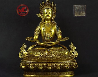 Old gilt and jeweled bronze statue of Amitayus Buddha, Gilt bronze Buddha 30cm - 11.81", sealed on base with Qian Long mark.
