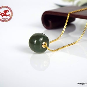 Natural green Jade and 18K gold pendants with 925 gold-plated silver chain. Minimalist Jade barrel bead with sterling silver necklace. image 1