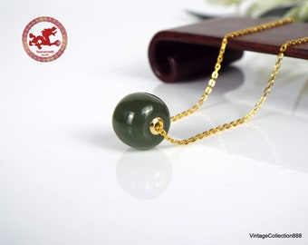Natural green Jade and 18K gold pendants with 925 gold-plated silver chain. Minimalist Jade barrel bead with sterling silver necklace.
